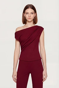 One Shoulder Cap Sleeve Textured Knit Blouse