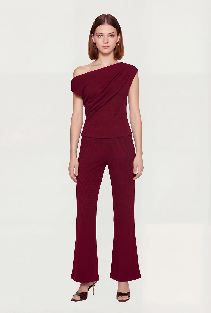 One Shoulder Cap Sleeve Textured Knit Blouse