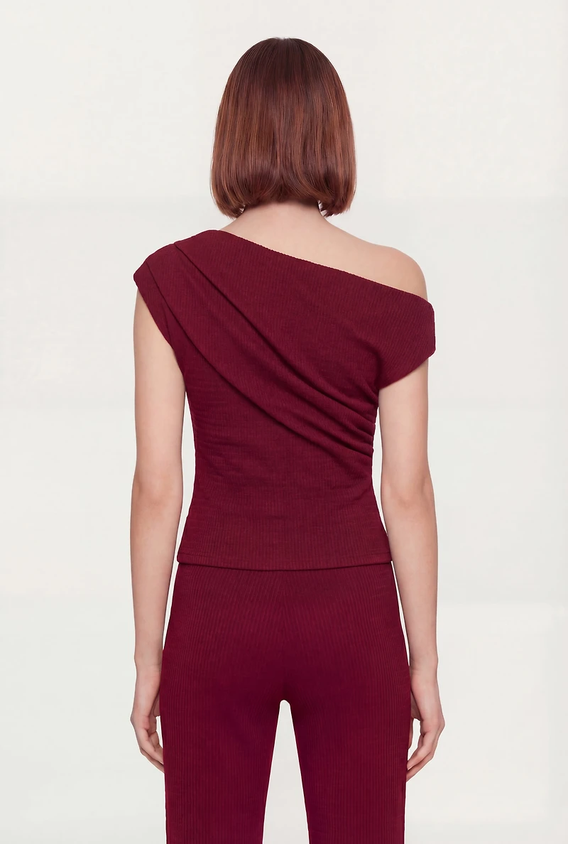 One Shoulder Cap Sleeve Textured Knit Blouse