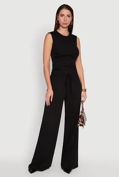 Womens High Waisted Wide Leg Ribbed Knit Casual Pants,