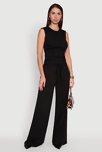 High Waisted Wide Leg Ribbed Knit Casual Pants