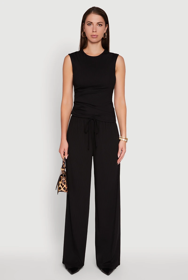 Womens High Waisted Wide Leg Ribbed Knit Casual Pants,