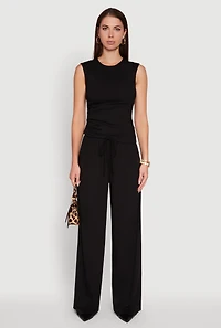 Womens High Waisted Wide Leg Ribbed Knit Casual Pants,