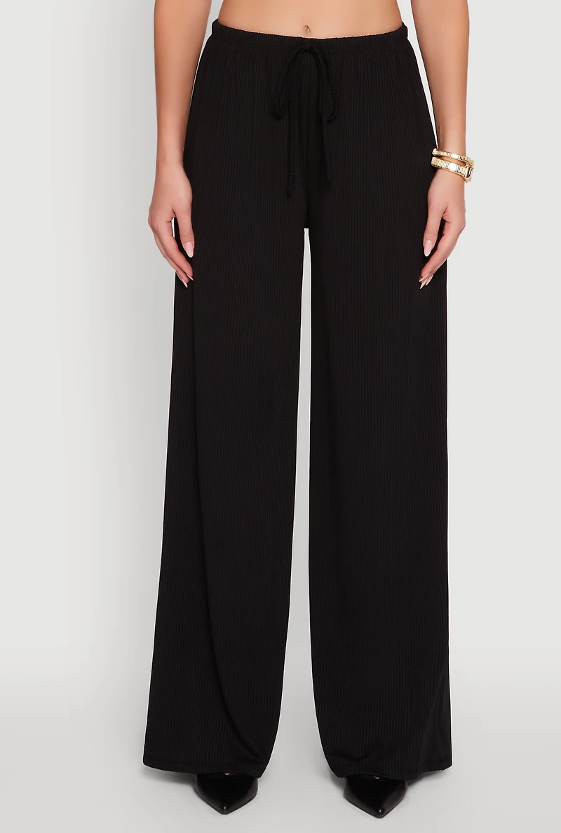 Womens High Waisted Wide Leg Ribbed Knit Casual Pants,