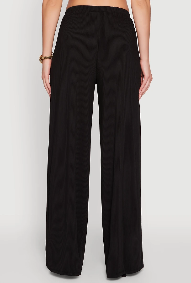 Womens High Waisted Wide Leg Ribbed Knit Casual Pants,