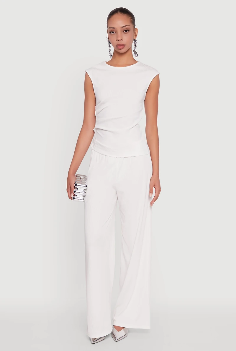 Womens High Waisted Wide Leg Ribbed Knit Casual Pants, White, Size L