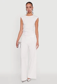 Womens High Waisted Wide Leg Ribbed Knit Casual Pants, White, Size S