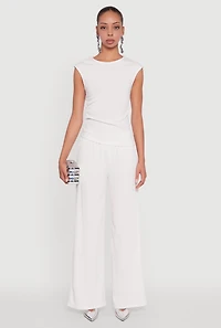 Womens High Waisted Wide Leg Ribbed Knit Casual Pants, White, Size L