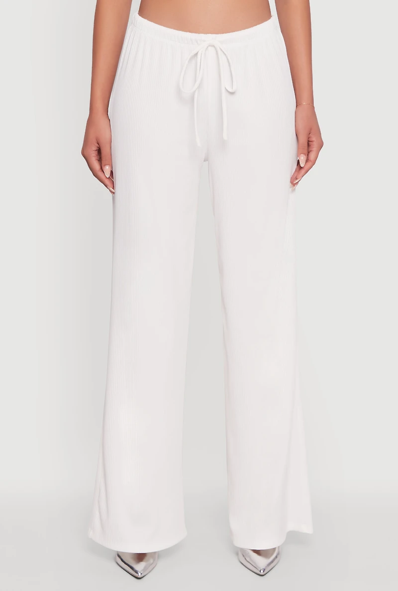 Womens High Waisted Wide Leg Ribbed Knit Casual Pants, White, Size L