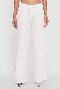 Womens High Waisted Wide Leg Ribbed Knit Casual Pants, White, Size L