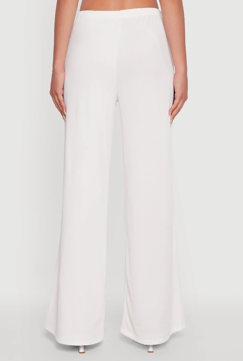 Womens High Waisted Wide Leg Ribbed Knit Casual Pants, White, Size L
