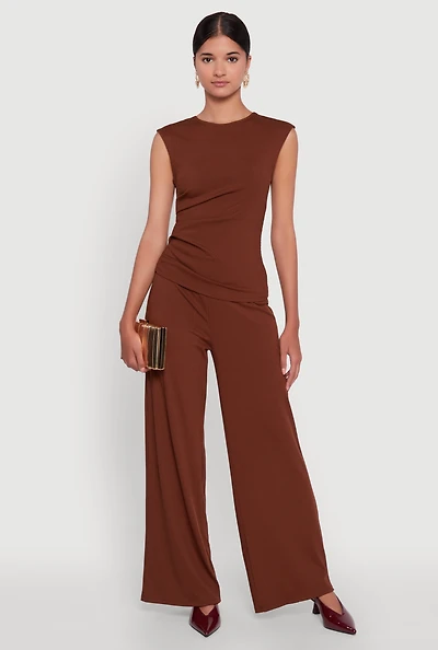 Womens High Waisted Wide Leg Ribbed Knit Casual Pants, Brown, Size L