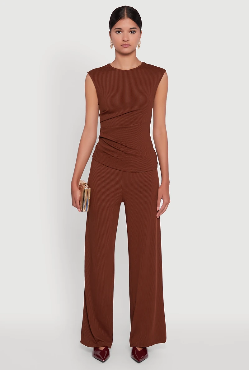 Womens High Waisted Wide Leg Ribbed Knit Casual Pants,