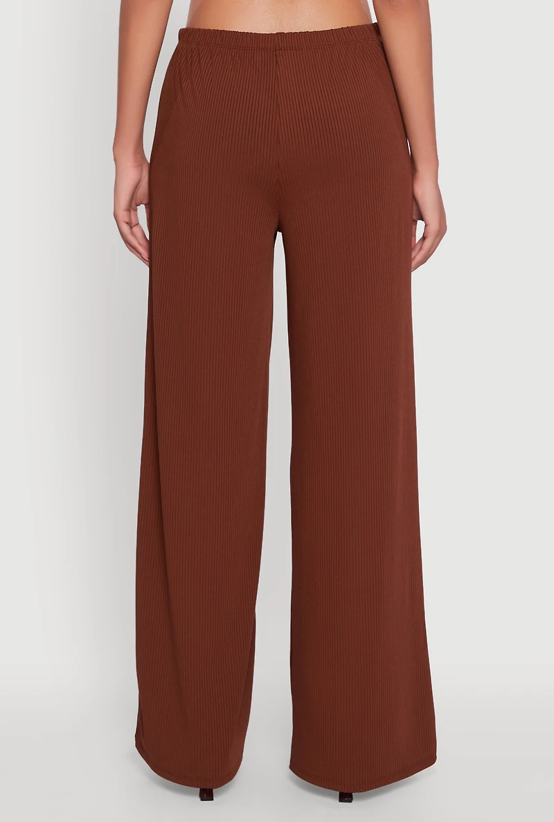 Womens High Waisted Wide Leg Ribbed Knit Casual Pants, Brown, Size S