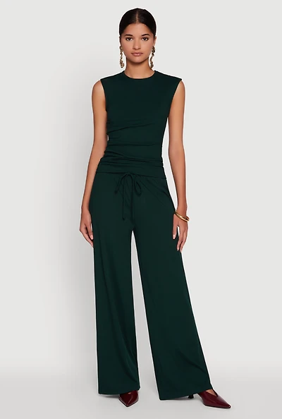Womens High Waisted Wide Leg Ribbed Knit Casual Pants, Green, Size M