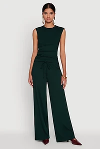 Womens High Waisted Wide Leg Ribbed Knit Casual Pants, Green, Size M