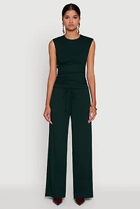 Womens High Waisted Wide Leg Ribbed Knit Casual Pants, Green, Size M