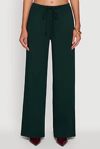Womens High Waisted Wide Leg Ribbed Knit Casual Pants, Green, Size M