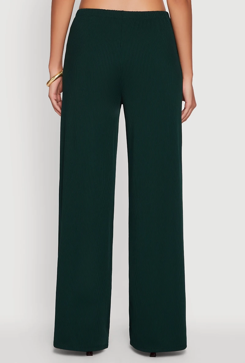 Womens High Waisted Wide Leg Ribbed Knit Casual Pants, Green,