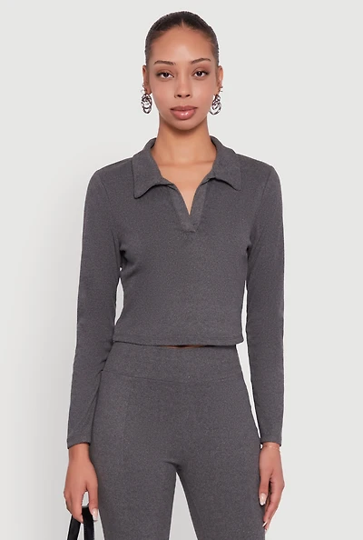 Womens Brushed Knit Cropped Johnny Collar Polo Shirt,