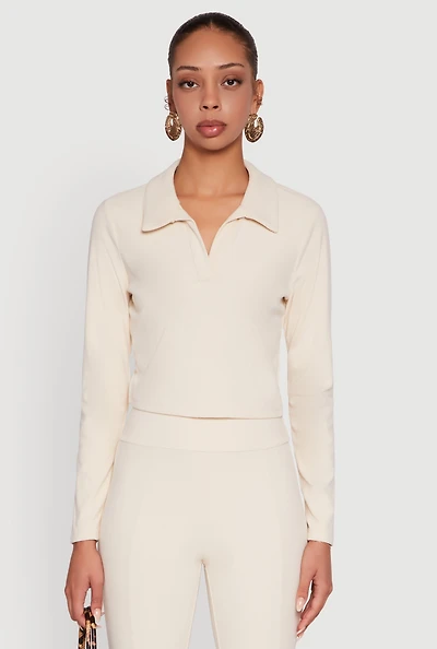 Womens Brushed Knit Cropped Johnny Collar Polo Shirt,