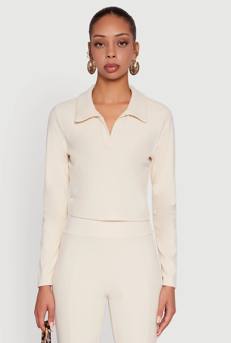 Brushed Knit Cropped Johnny Collar Polo Shirt