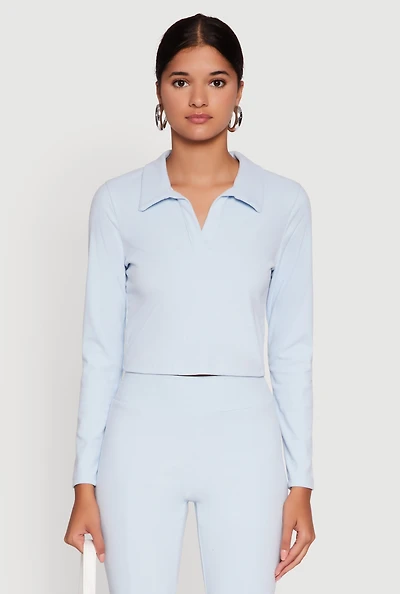 Womens Brushed Knit Cropped Johnny Collar Polo Shirt,
