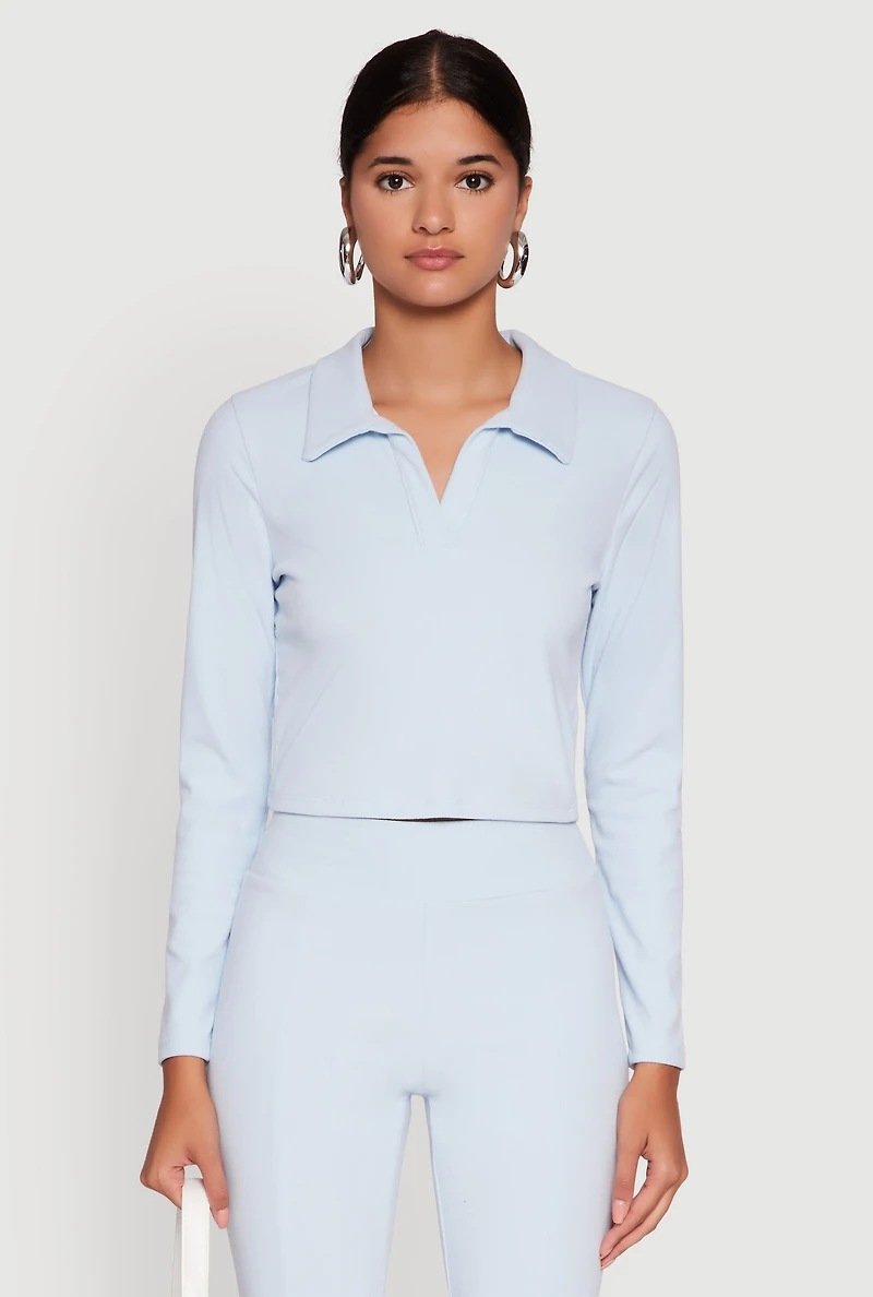 Brushed Knit Cropped Johnny Collar Polo Shirt