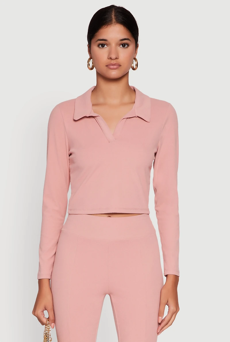 Womens Brushed Knit Cropped Johnny Collar Polo Shirt, Pink, Size M