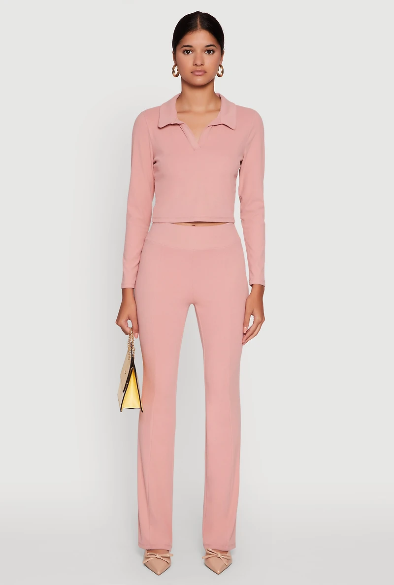 Womens Brushed Knit Cropped Johnny Collar Polo Shirt, Pink, Size M