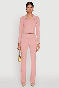 Womens Brushed Knit Cropped Johnny Collar Polo Shirt, Pink, Size M