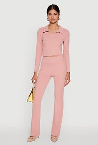 Womens Brushed Knit Cropped Johnny Collar Polo Shirt, Pink, Size M