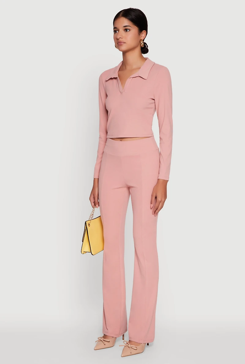 Womens Brushed Knit Cropped Johnny Collar Polo Shirt, Pink, Size M