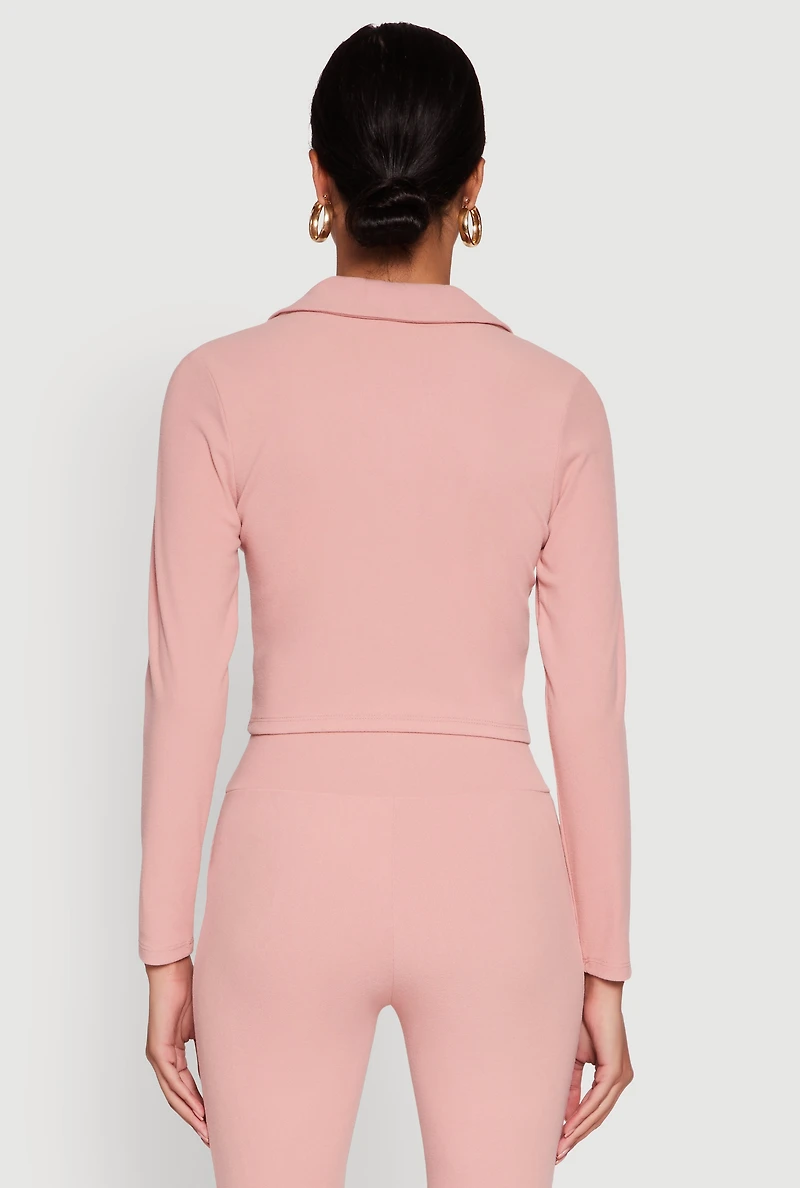 Womens Brushed Knit Cropped Johnny Collar Polo Shirt, Pink, Size M