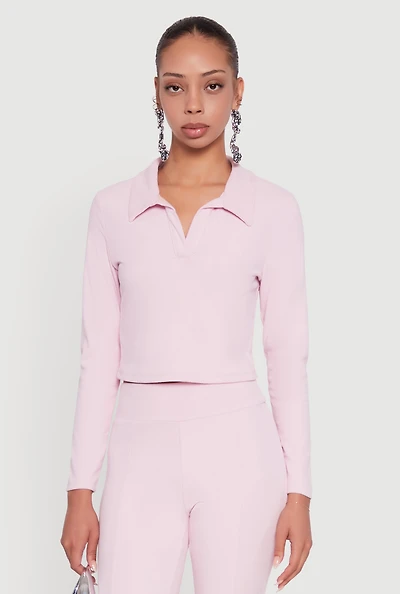 Womens Brushed Knit Cropped Johnny Collar Polo Shirt, Pink, Size M