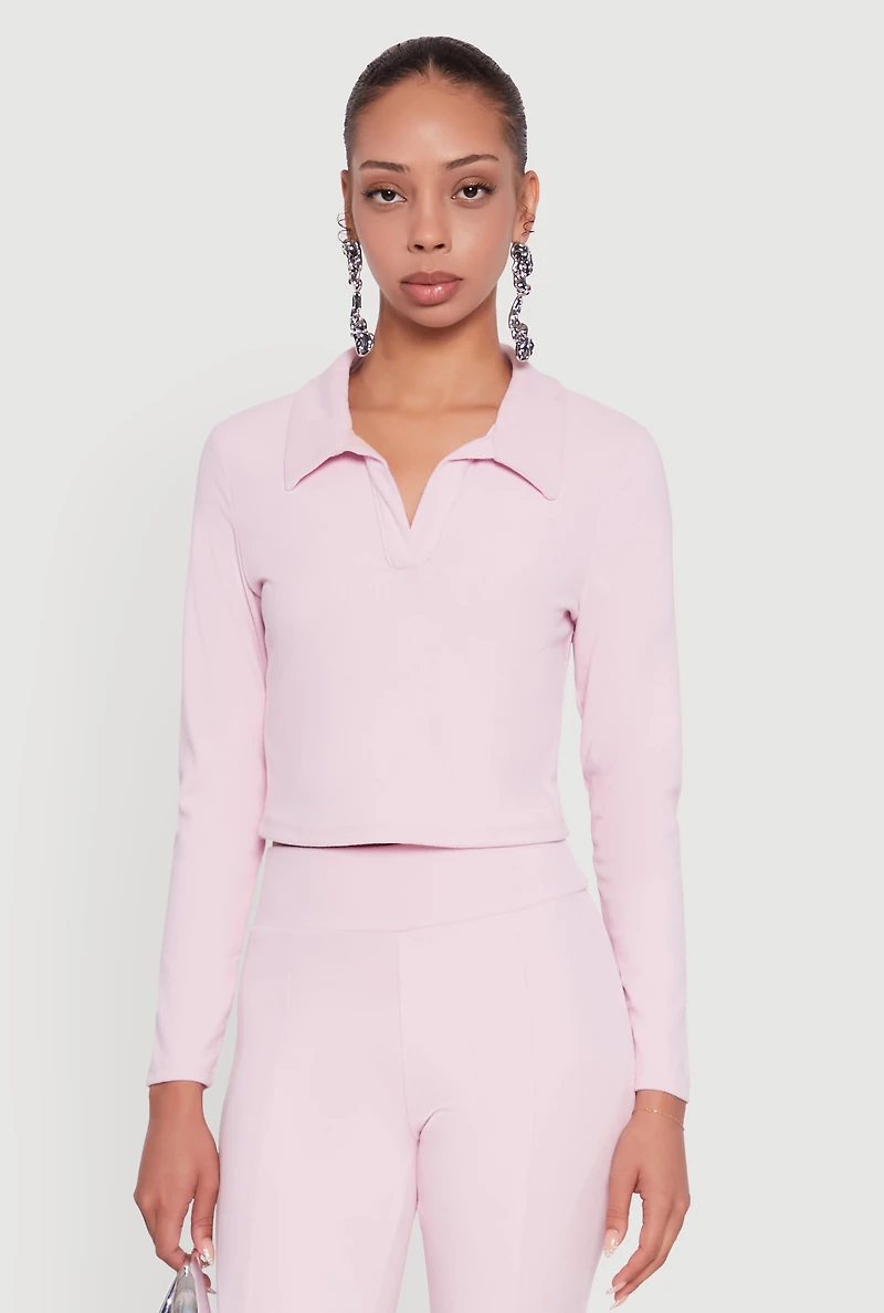 Brushed Knit Cropped Johnny Collar Polo Shirt