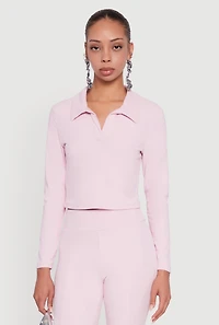 Brushed Knit Cropped Johnny Collar Polo Shirt