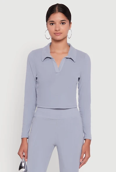 Womens Brushed Knit Cropped Johnny Collar Polo Shirt, Blue, Size M