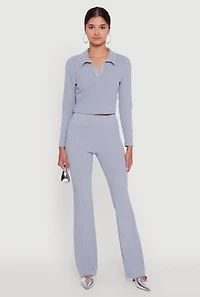 Womens Brushed Knit Cropped Johnny Collar Polo Shirt, Blue, Size M