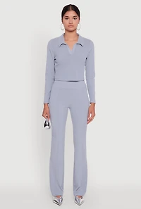 Womens Brushed Knit Cropped Johnny Collar Polo Shirt, Blue, Size M