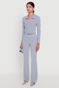 Womens Brushed Knit Cropped Johnny Collar Polo Shirt, Blue, Size M