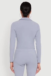 Womens Brushed Knit Cropped Johnny Collar Polo Shirt, Blue, Size M