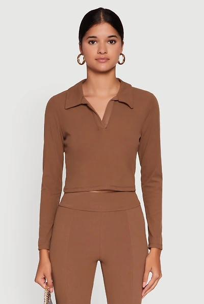 Womens Brushed Knit Cropped Johnny Collar Polo Shirt,
