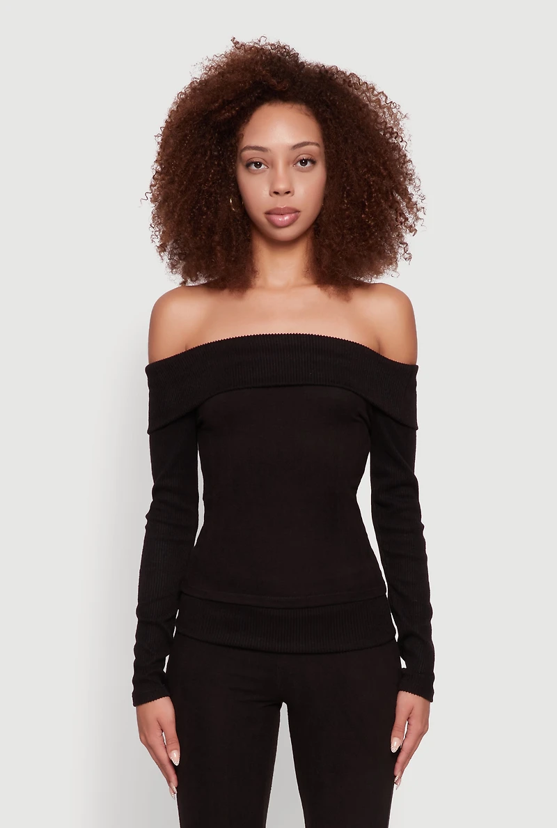 Womens Haute Monde Fold Over Off The Shoulder Long Sleeve Blouse, Black,