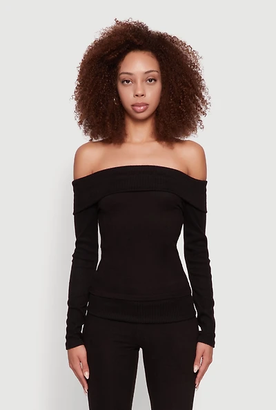 Womens Haute Monde Fold Over Off The Shoulder Long Sleeve Blouse, Black,