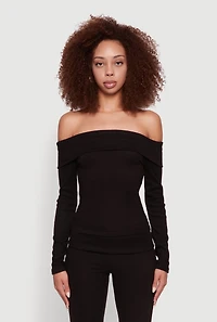 Womens Haute Monde Fold Over Off The Shoulder Long Sleeve Blouse, Black,
