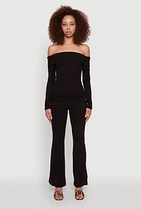 Womens Haute Monde Fold Over Off The Shoulder Long Sleeve Blouse, Black,