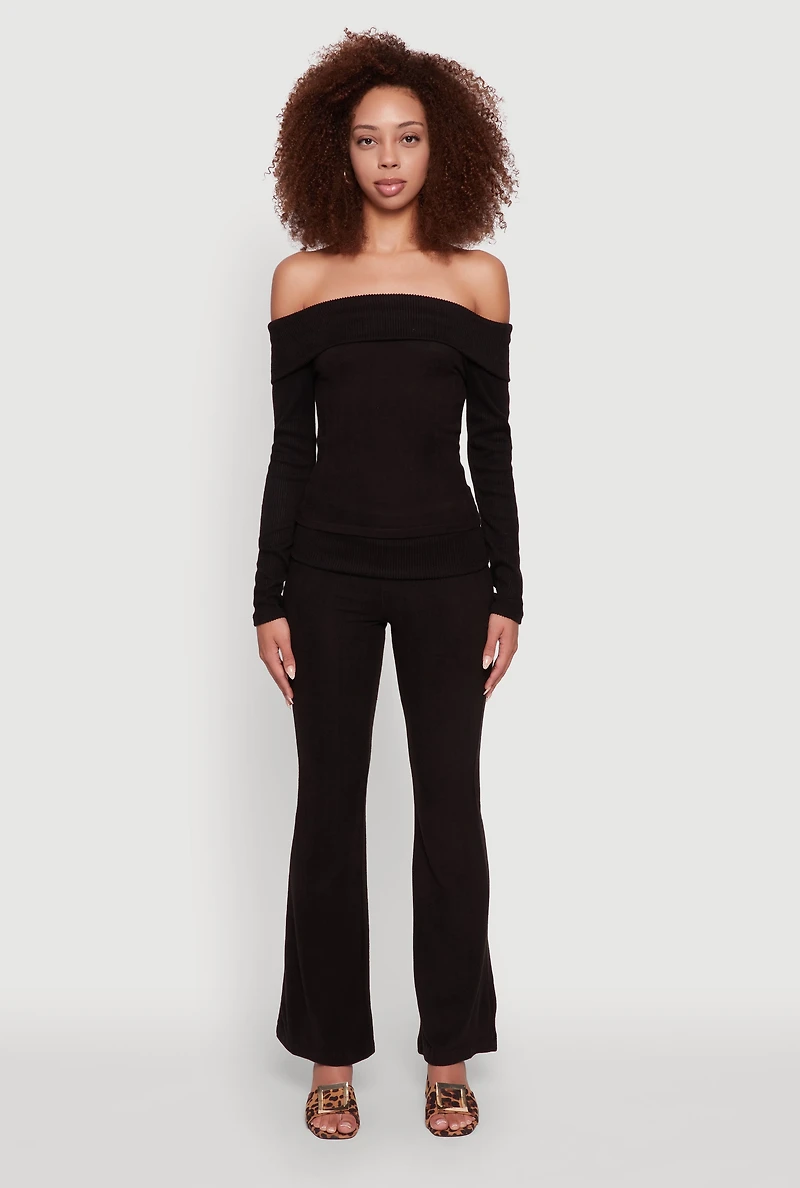 Womens Haute Monde Fold Over Off The Shoulder Long Sleeve Blouse, Black, Size M