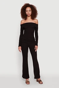 Womens Haute Monde Fold Over Off The Shoulder Long Sleeve Blouse, Black, Size S