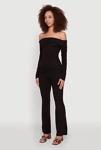 Womens Haute Monde Fold Over Off The Shoulder Long Sleeve Blouse, Black, Size M